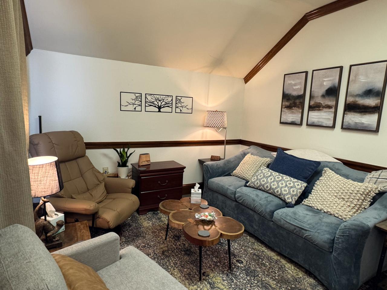 Private therapy office with comfortable seating and soft lighting at Brandon Reeves, LCSW